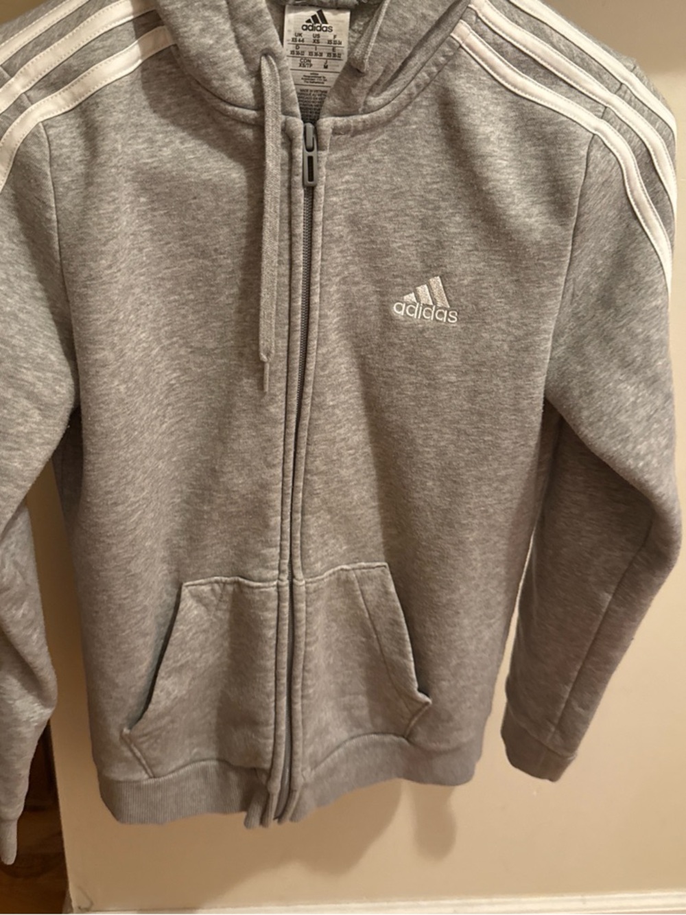 adidas Grey Kids Full Zip Hoodie with White Stripes